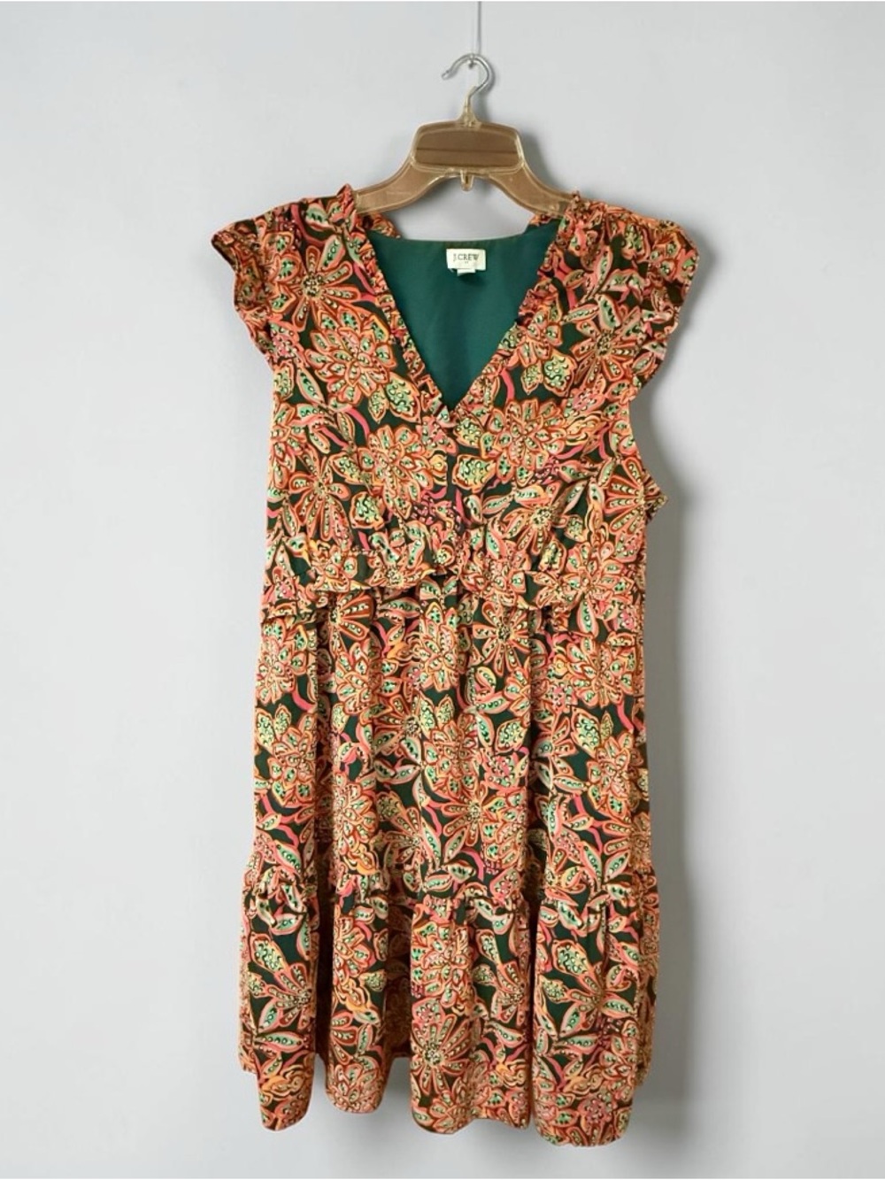 LOFT Green, Brown, and Coral Paisley Tiered V-Neck Dress